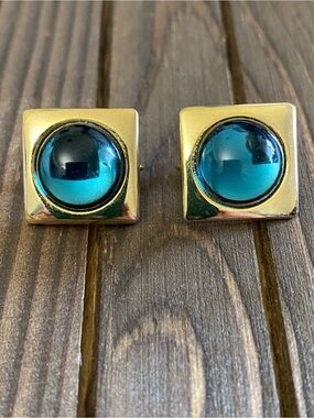 Clip On Earrings Gold Tone Teal Blue Cabochon Square Vintage